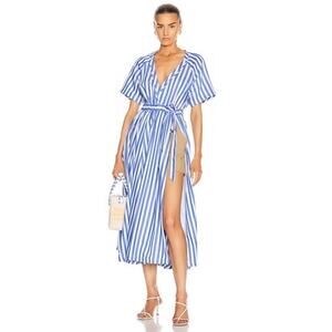 ROSIE ASSOULIN Blue White Striped Wrap Skort Side Slit V-Neckline Dress Size 6